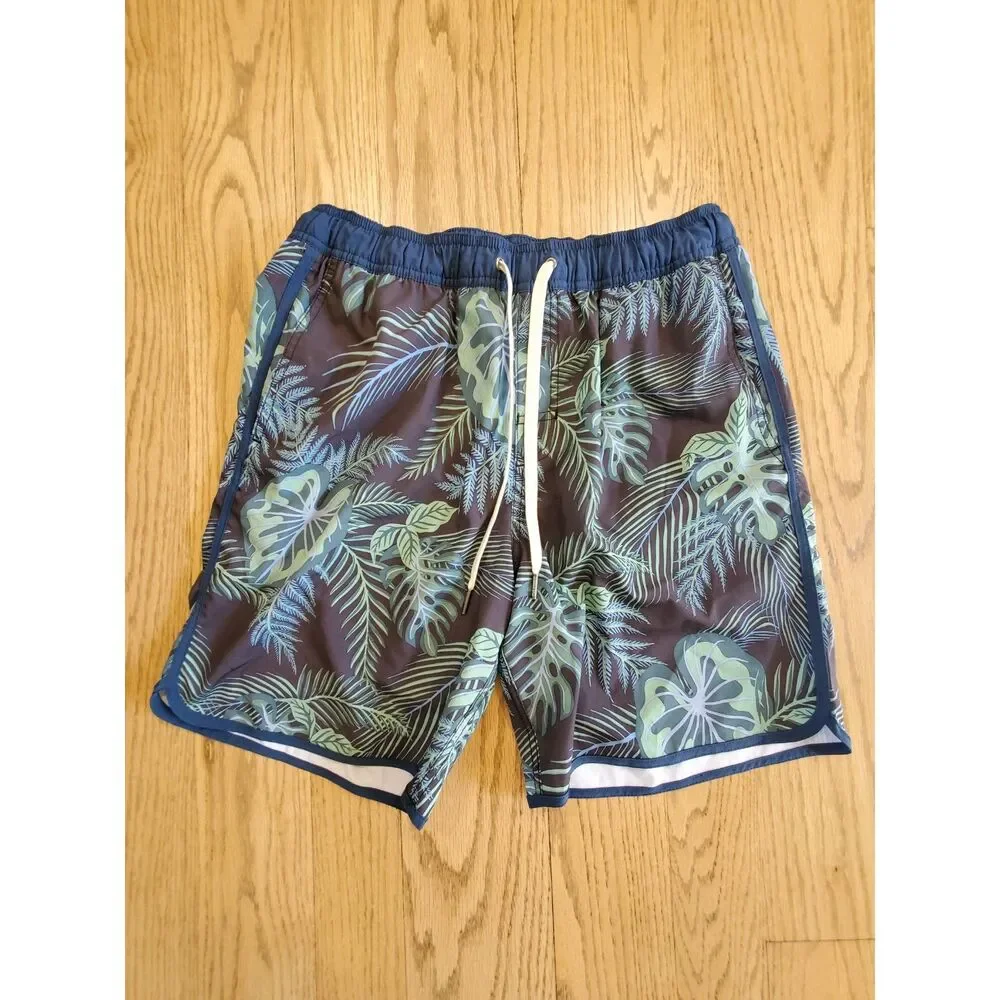 Fair Harbor Boys L Anchor Leaf Print Water Repellent Swim Trunks Evergreen EUC
